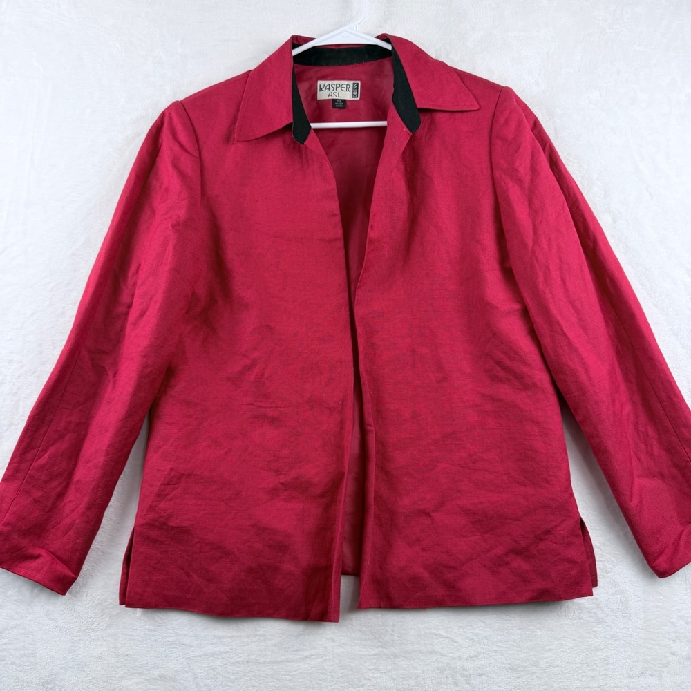 Kasper ASL Blazer Red Linen Blend Contrast Collar Open Front Size 10